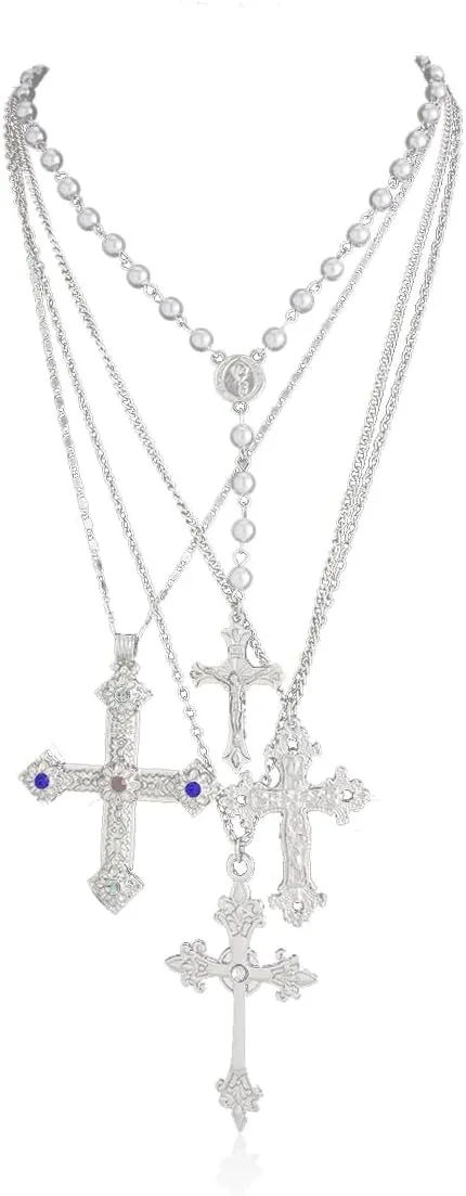 Gold Cross Pendant Necklace Set for Women,Dainty Big Crystal Cross Imitation pearl Layered Chain Necklace Summer Party Jewelry