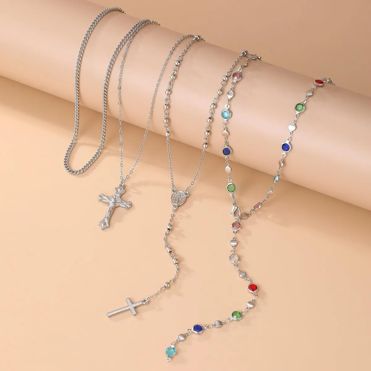 Gold Cross Pendant Necklace Set for Women,Dainty Big Crystal Cross Imitation pearl Layered Chain Necklace Summer Party Jewelry