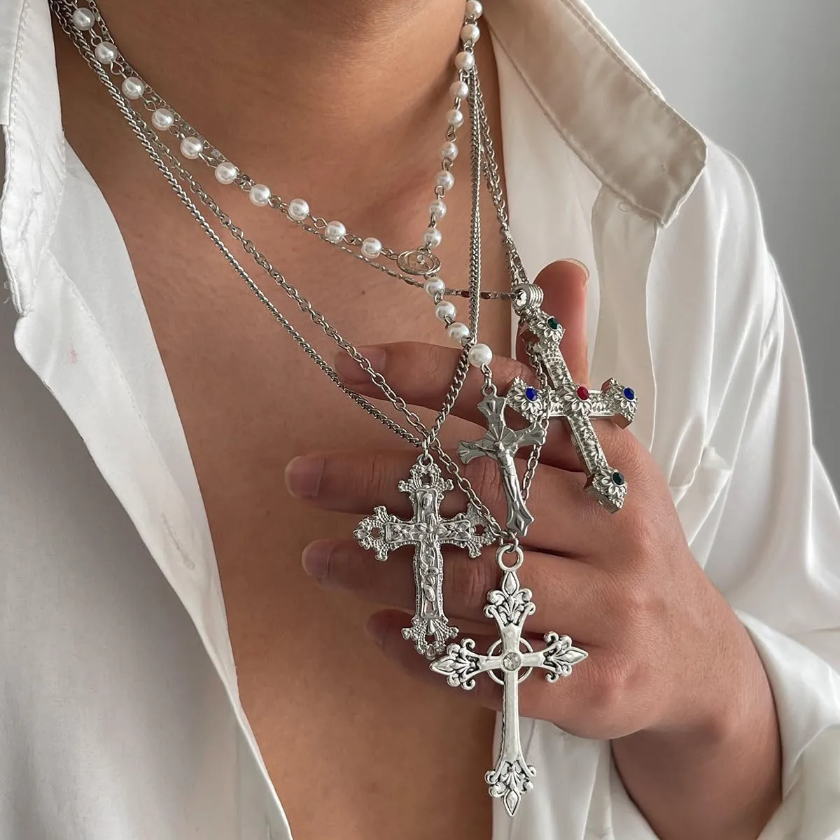 Gold Cross Pendant Necklace Set for Women,Dainty Big Crystal Cross Imitation pearl Layered Chain Necklace Summer Party Jewelry