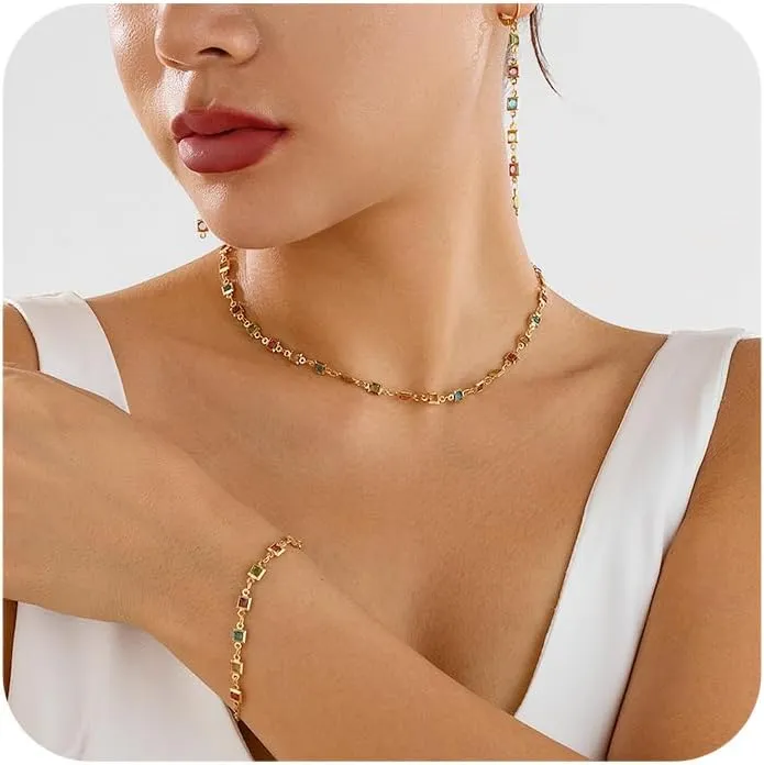 Gold Crystal Gemstone Choker Necklace and Bracelet Earring Set for Women Colorful Cubic Zirconia Choker Necklace for Bridal Wedding Prom Jewelry Accessories