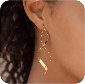 Gold Dangle Drop Earrings for Women, Trendy 14k Gold Plated Long Spiral Dangle Earrings Hypoallergenic Threader Twisted Curved Tassel Chain Drop Earrings Minimalist Jewelry Gifts for Women