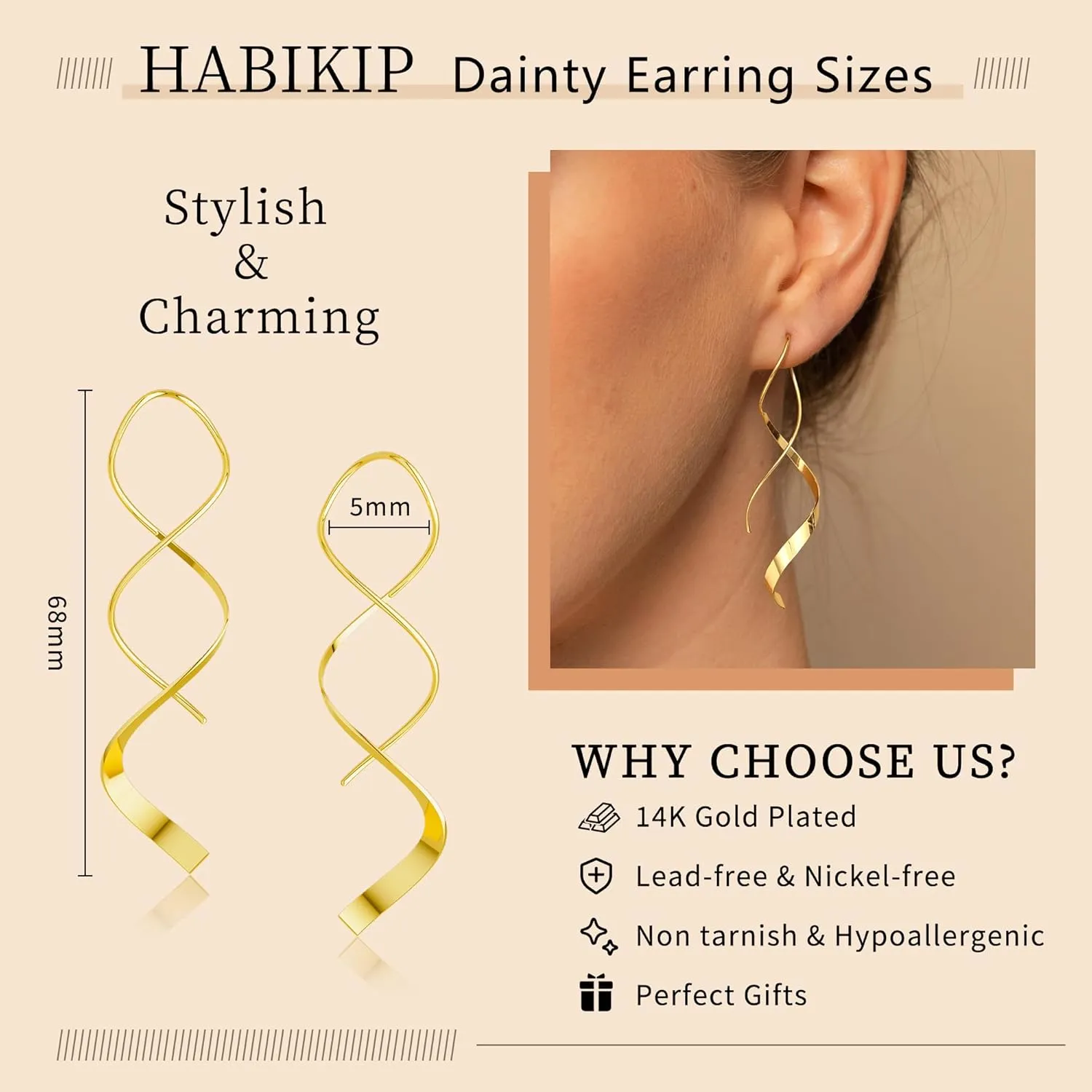 Gold Dangle Drop Earrings for Women, Trendy 14k Gold Plated Long Spiral Dangle Earrings Hypoallergenic Threader Twisted Curved Tassel Chain Drop Earrings Minimalist Jewelry Gifts for Women