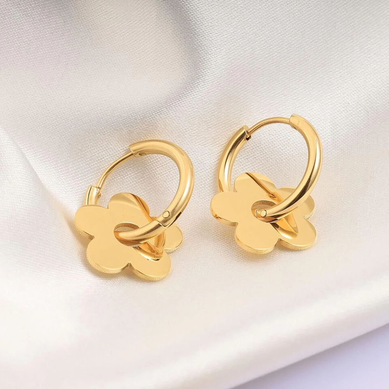 Gold Flower Hoop Earrings for Women, Bohemia Flower Charm Earrings For Women Her Dainty Earrings Mother's Day Gift