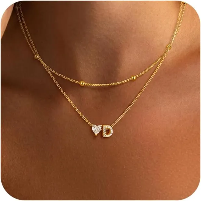 Gold Initial D Necklaces for Women Non Tarnish - Dainty Gold Necklace Cute Small 14K Gold Plated Layered Letter with Heart CZ Pendant Satellite Chain Necklaces for Women Trendy Jewelry Gift