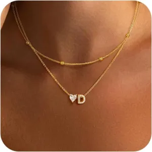 Gold Initial D Necklaces for Women Non Tarnish - Dainty Gold Necklace Cute Small 14K Gold Plated Layered Letter with Heart CZ Pendant Satellite Chain Necklaces for Women Trendy Jewelry Gift