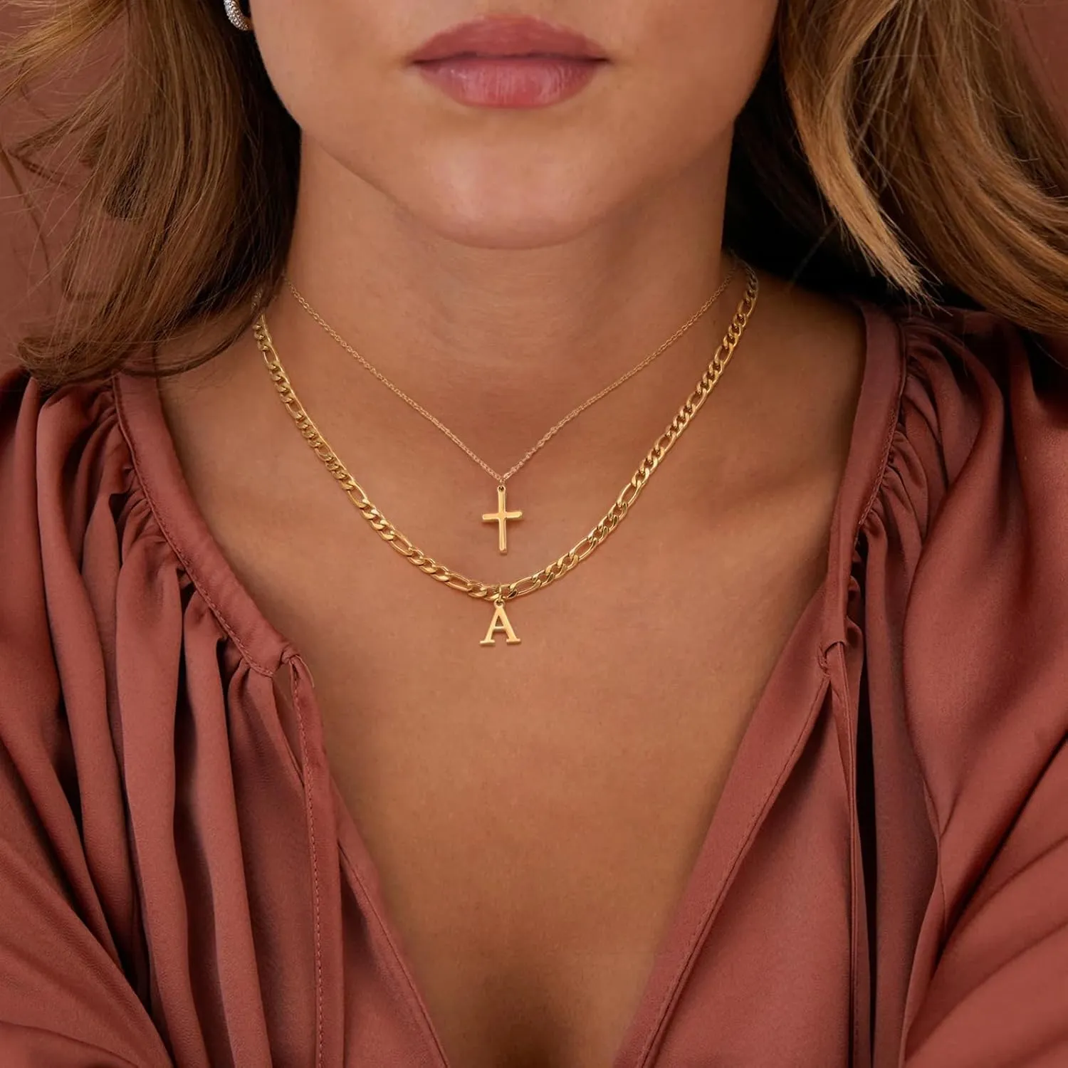 Gold Layered Initial Cross Necklaces For Women,14K Gold Plated Letter Necklace ,Gold Cross Pendant Choker Necklace,Trendy Cute Personalized Monogram Name Necklace ,Gold Jewelry Necklace for Women Gift