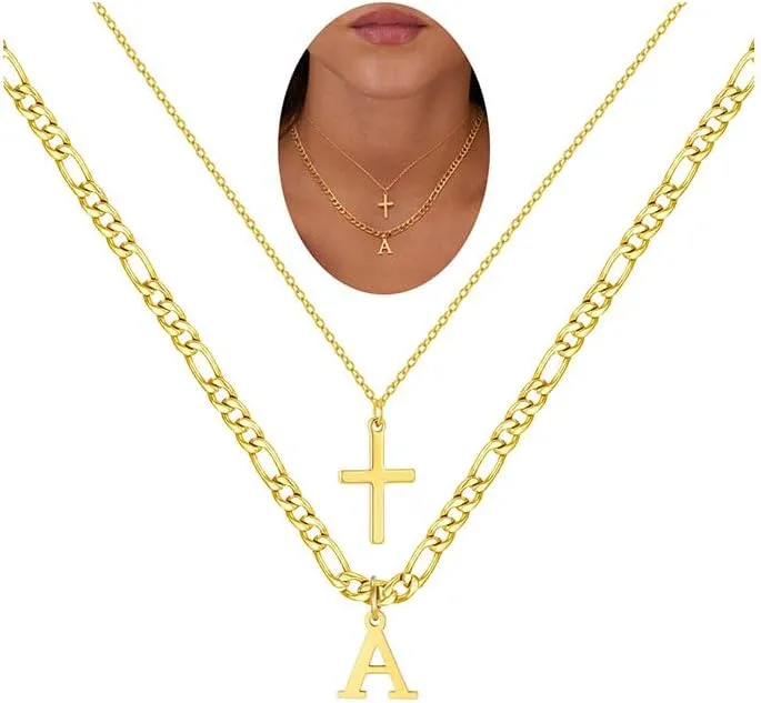 Gold Layered Initial Cross Necklaces For Women,14K Gold Plated Letter Necklace ,Gold Cross Pendant Choker Necklace,Trendy Cute Personalized Monogram Name Necklace ,Gold Jewelry Necklace for Women Gift