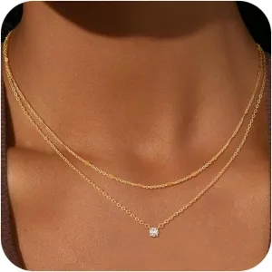 Gold Layered Necklace for Women,Dainty 14K Gold Plated Trendy Pendant Necklace Gold Jewelry for Women
