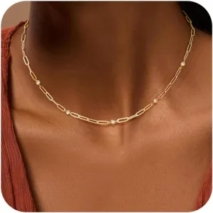 Gold Necklace for Women, 14K Gold/Silver Plated Station Necklace Paperclip Chain Necklaces for Women, Zircon Station Necklace Layered Freshwater Pearl Necklace Jewelry for Women