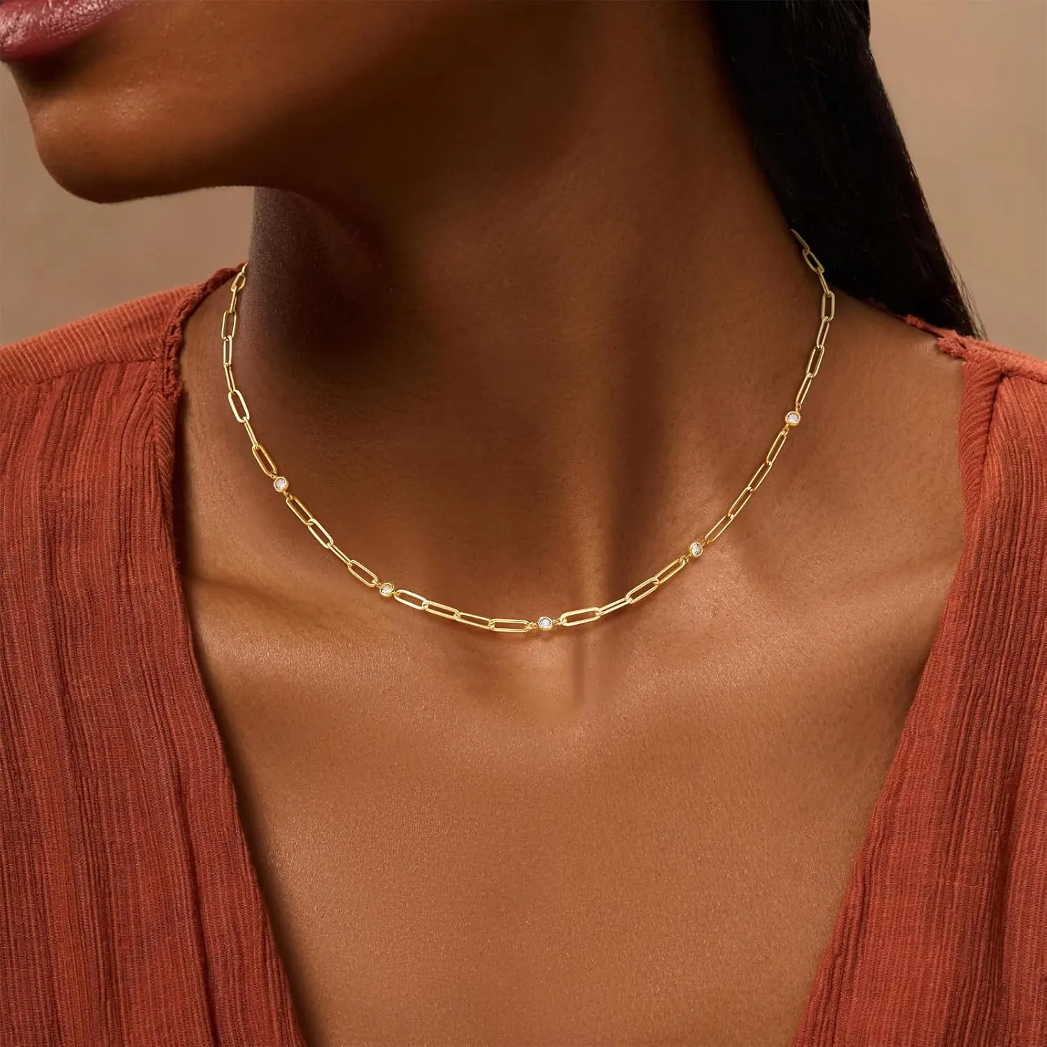 Gold Necklace for Women, 14K Gold/Silver Plated Station Necklace Paperclip Chain Necklaces for Women, Zircon Station Necklace Layered Freshwater Pearl Necklace Jewelry for Women
