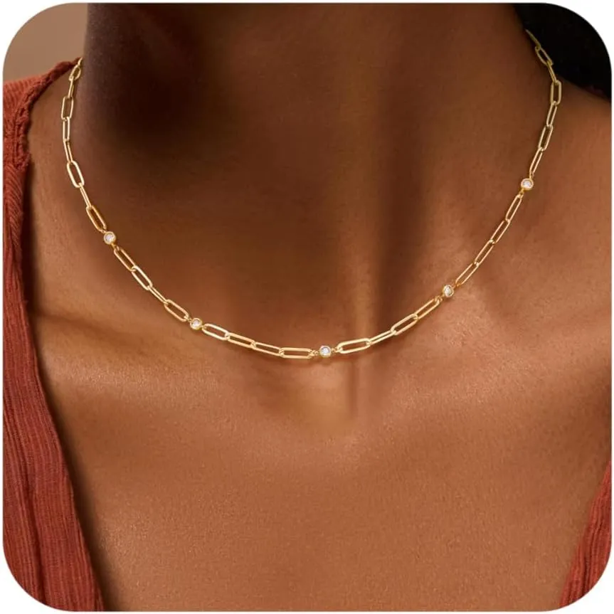 Gold Necklace for Women, 14K Gold/Silver Plated Station Necklace Paperclip Chain Necklaces for Women, Zircon Station Necklace Layered Freshwater Pearl Necklace Jewelry for Women