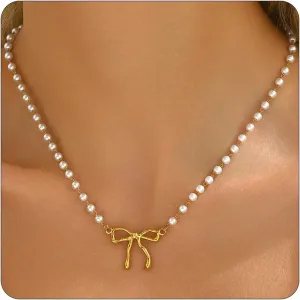 Gold Necklace for Women 18K Gold Plated Bow Necklace Cute Small Bow Pendant Necklace Dainty Bow Pearl Necklace Trendy Bow Jewelry Gift