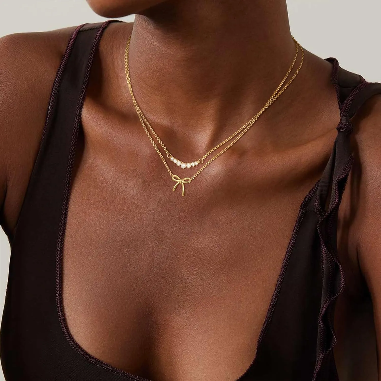 Gold Necklace for Women - Bow Necklace 14K Dainty Gold Necklace Cute Small Tiny Bow Pendant Choker Chain Necklace Trendy Necklaces for Women Gold Jewelry Gift