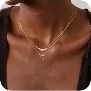 Gold Necklace for Women - Bow Necklace 14K Dainty Gold Necklace Cute Small Tiny Bow Pendant Choker Chain Necklace Trendy Necklaces for Women Gold Jewelry Gift
