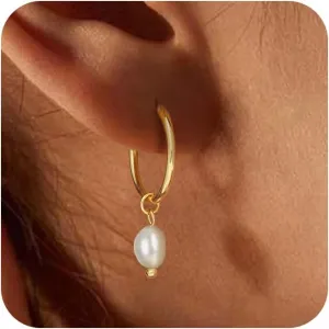 Gold Pearl Dangle Earrings for Women, 14K Gold Plated Small Pearl Drop Huggie Hoop Earrings, Hypoallergenic Dainty Gold Earrings Wedding Jewelry Gifts for Women Trendy