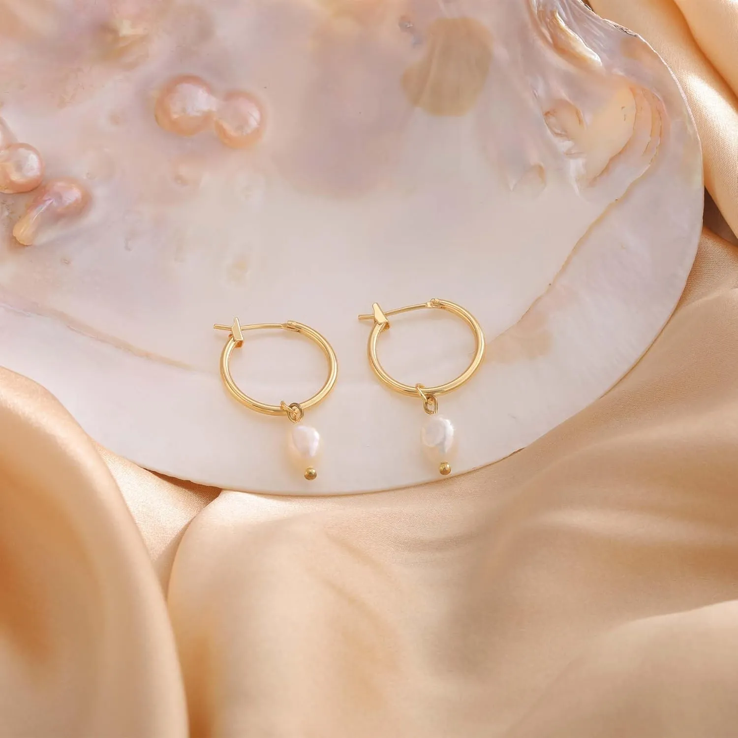 Gold Pearl Dangle Earrings for Women, 14K Gold Plated Small Pearl Drop Huggie Hoop Earrings, Hypoallergenic Dainty Gold Earrings Wedding Jewelry Gifts for Women Trendy