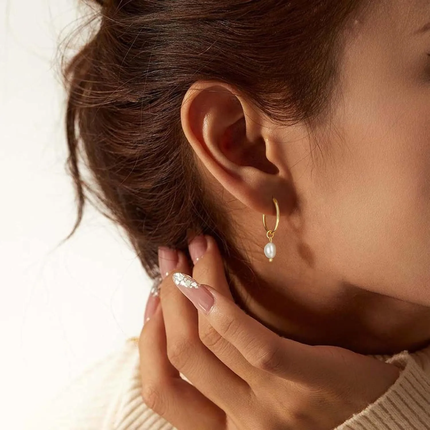 Gold Pearl Dangle Earrings for Women, 14K Gold Plated Small Pearl Drop Huggie Hoop Earrings, Hypoallergenic Dainty Gold Earrings Wedding Jewelry Gifts for Women Trendy