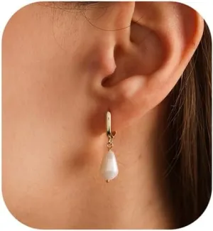 Gold Pearl Drop Earrings for Women, 14k Small Dainty Gold Plated Pearl Huggie Hoop Dangle Earrings for Women Trendy Hypoallergenic Stud Earrings Dangling Gold Earring Hooks Gold Jewelry Non Tarnish