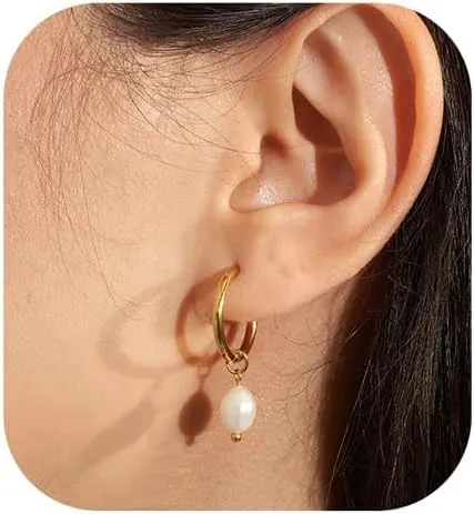 Gold Pearl Drop Earrings for Women, 14k Small Dainty Gold Plated Pearl Huggie Hoop Dangle Earrings for Women Trendy Hypoallergenic Stud Earrings Dangling Gold Earring Hooks Gold Jewelry Non Tarnish