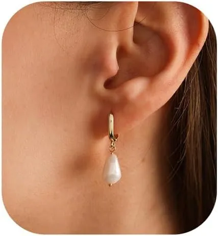 Gold Pearl Drop Earrings for Women, 14k Small Dainty Gold Plated Pearl Huggie Hoop Dangle Earrings for Women Trendy Hypoallergenic Stud Earrings Dangling Gold Earring Hooks Gold Jewelry Non Tarnish