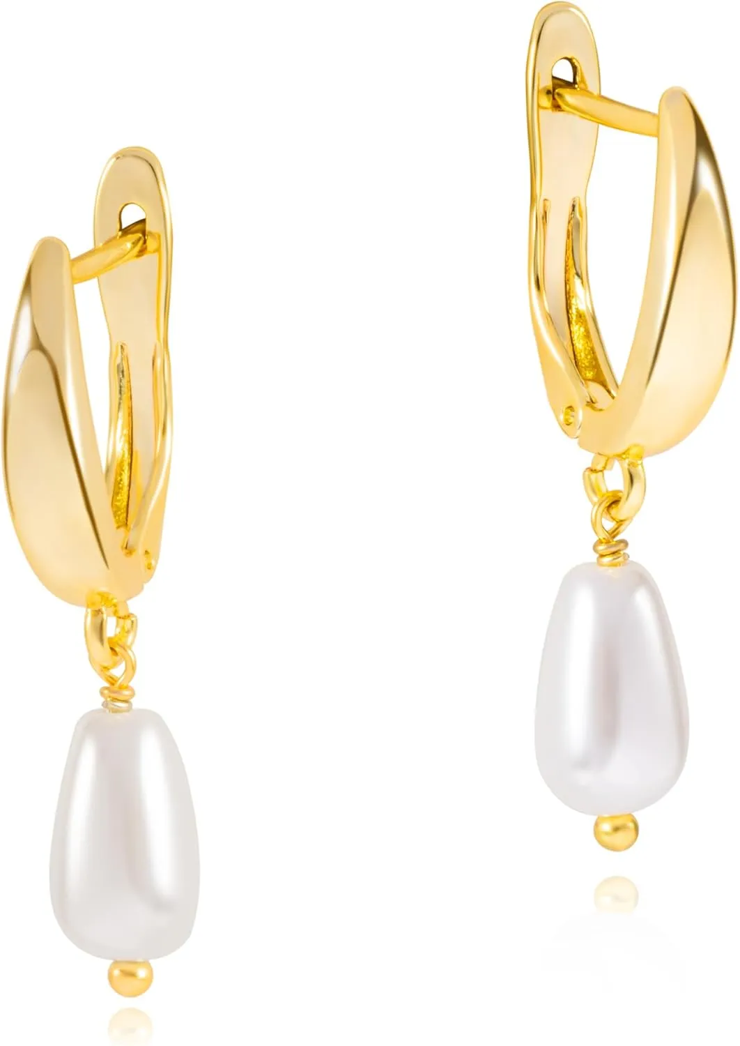Gold Pearl Drop Earrings for Women, 14k Small Dainty Gold Plated Pearl Huggie Hoop Dangle Earrings for Women Trendy Hypoallergenic Stud Earrings Dangling Gold Earring Hooks Gold Jewelry Non Tarnish