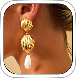 Gold Shell Dangle Earrings Pearl Seashell Earring Summer Beach Ocean Earrings for women