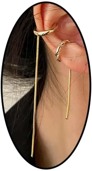 Gold Tassel Ear Cuff Earring Set for Women Minimalist Geometric Zircon Long Fringe Chain Non Piercing Clip On Earrings Trendy Statement Jewelry Gift