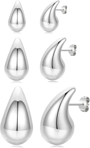 Gold Tear Drop Earrings Dupes Jewelry for Women Trendy,Chunky 14K Real Gold Plated Earrings,Hypoallergenic Sterling Silver Post Lightweight Silver Hoop Earrings Set 25mm/32mm/44mm