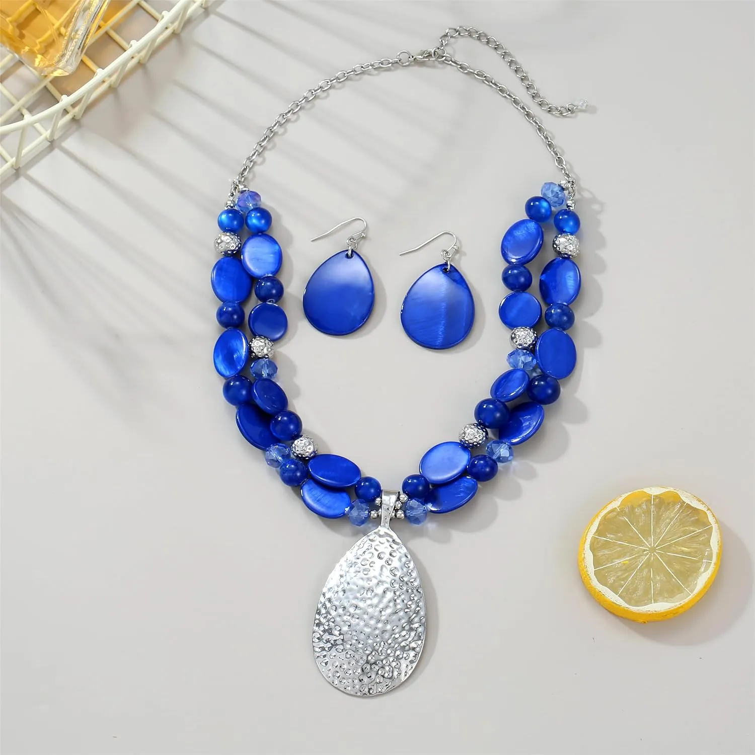Gold/Silver 20'' 3'' Teardrop Pendant Statement Necklace for women Trendy Colorful Crystal Shell Beaded Gemstone Necklaces and Earrings Set Womens Layered Boho Chunky Necklaces and Dainty Teardrop Earrings Jewelry Gifts