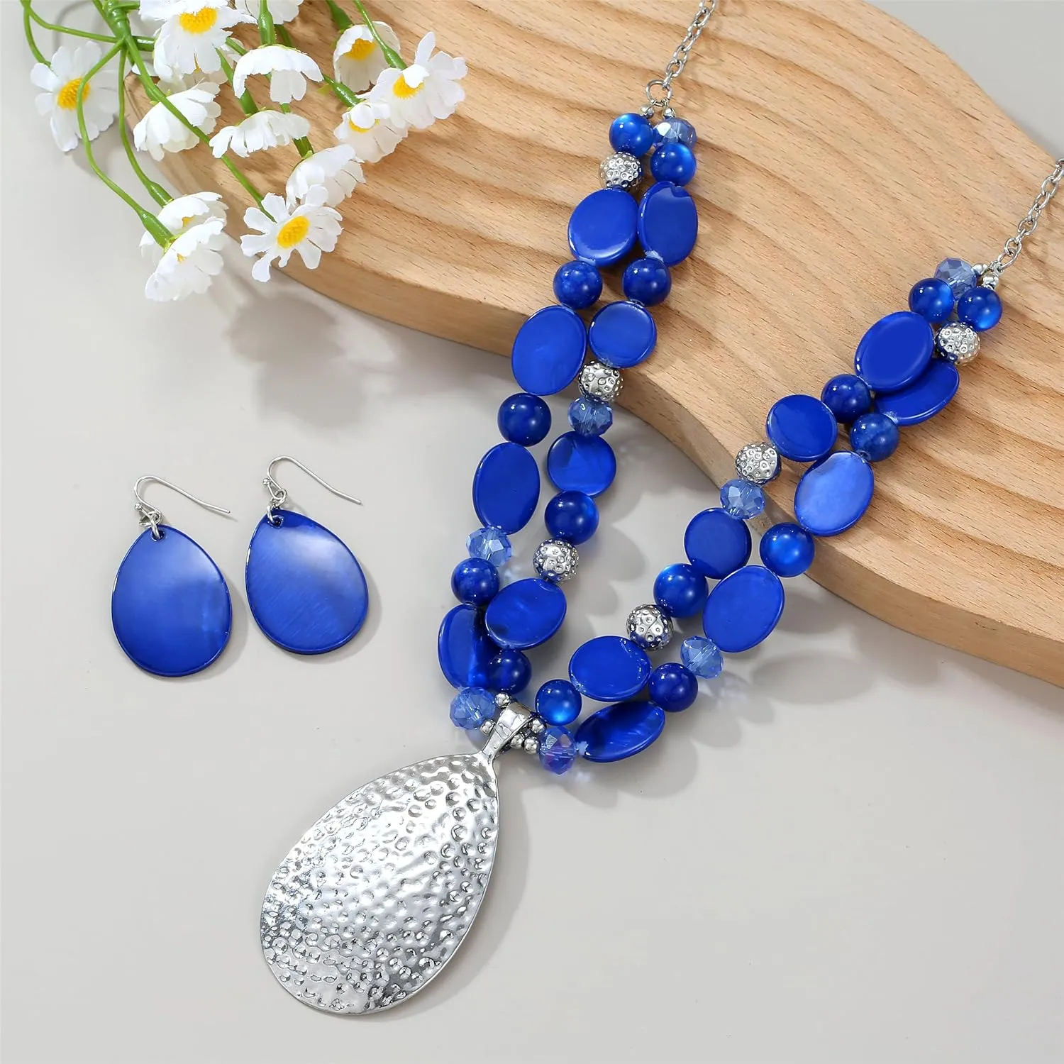 Gold/Silver 20'' 3'' Teardrop Pendant Statement Necklace for women Trendy Colorful Crystal Shell Beaded Gemstone Necklaces and Earrings Set Womens Layered Boho Chunky Necklaces and Dainty Teardrop Earrings Jewelry Gifts