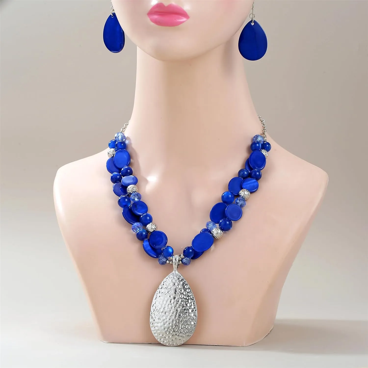 Gold/Silver 20'' 3'' Teardrop Pendant Statement Necklace for women Trendy Colorful Crystal Shell Beaded Gemstone Necklaces and Earrings Set Womens Layered Boho Chunky Necklaces and Dainty Teardrop Earrings Jewelry Gifts
