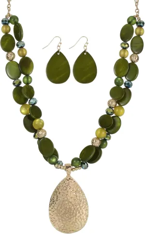 Gold/Silver 20'' 3'' Teardrop Pendant Statement Necklace for women Trendy Colorful Crystal Shell Beaded Gemstone Necklaces and Earrings Set Womens Layered Boho Chunky Necklaces and Dainty Teardrop Earrings Jewelry Gifts