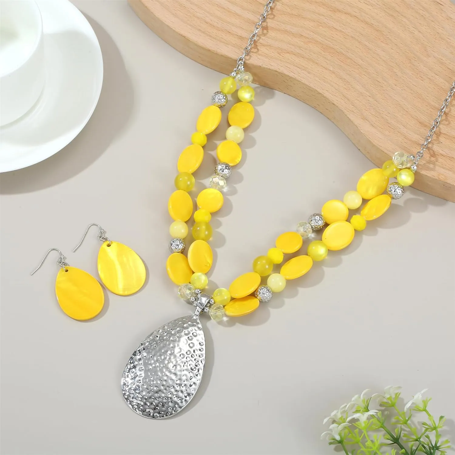 Gold/Silver 20'' 3'' Teardrop Pendant Statement Necklace for women Trendy Colorful Crystal Shell Beaded Gemstone Necklaces and Earrings Set Womens Layered Boho Chunky Necklaces and Dainty Teardrop Earrings Jewelry Gifts