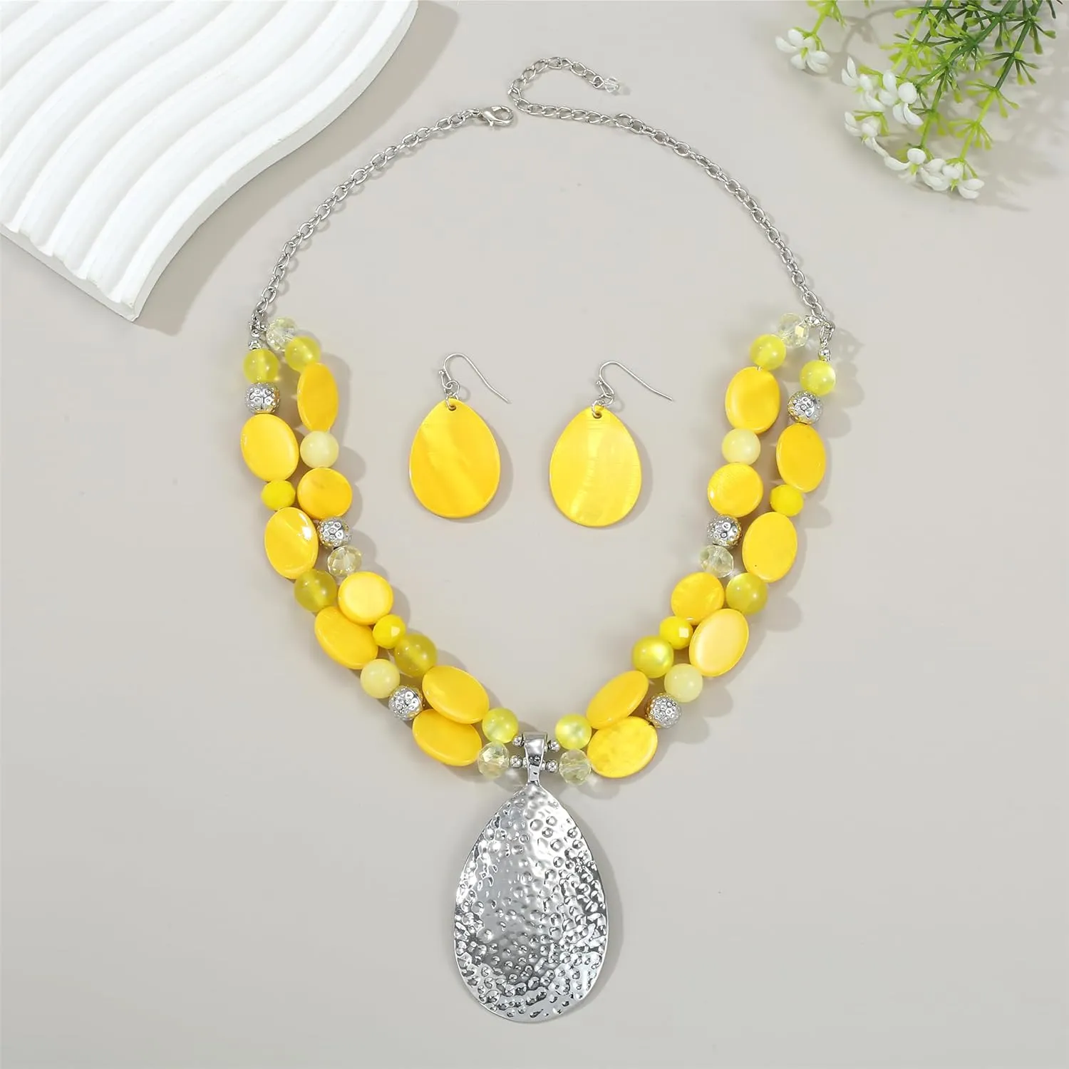 Gold/Silver 20'' 3'' Teardrop Pendant Statement Necklace for women Trendy Colorful Crystal Shell Beaded Gemstone Necklaces and Earrings Set Womens Layered Boho Chunky Necklaces and Dainty Teardrop Earrings Jewelry Gifts