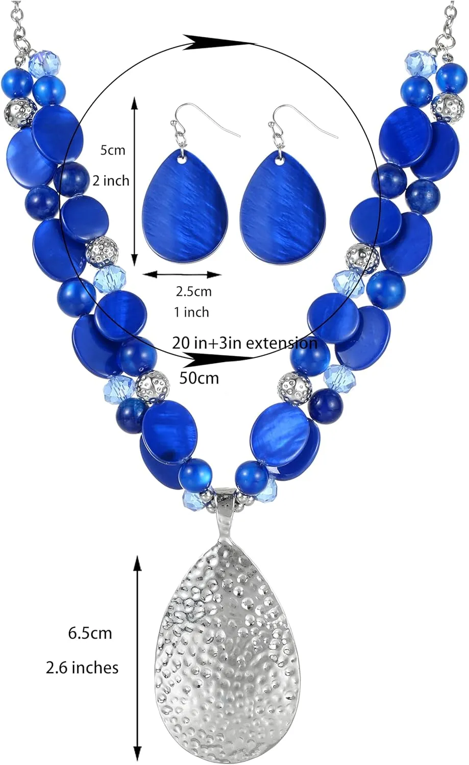 Gold/Silver 20'' 3'' Teardrop Pendant Statement Necklace for women Trendy Colorful Crystal Shell Beaded Gemstone Necklaces and Earrings Set Womens Layered Boho Chunky Necklaces and Dainty Teardrop Earrings Jewelry Gifts