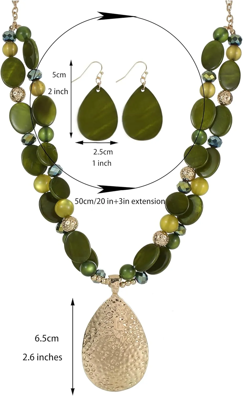Gold/Silver 20'' 3'' Teardrop Pendant Statement Necklace for women Trendy Colorful Crystal Shell Beaded Gemstone Necklaces and Earrings Set Womens Layered Boho Chunky Necklaces and Dainty Teardrop Earrings Jewelry Gifts
