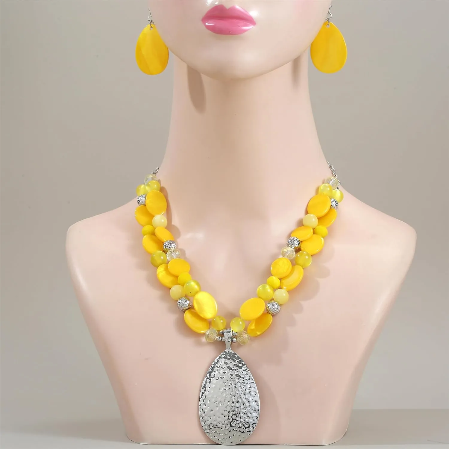 Gold/Silver 20'' 3'' Teardrop Pendant Statement Necklace for women Trendy Colorful Crystal Shell Beaded Gemstone Necklaces and Earrings Set Womens Layered Boho Chunky Necklaces and Dainty Teardrop Earrings Jewelry Gifts