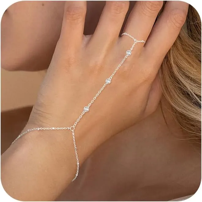 Gold/Silver Bracelets For Women,Trendy 14k Gold/Silver Plated lightweight Dainty Chunky Thin Cuban Link Paperclip Chain Tennis Bangle Bracelets Stack Set,Ring Hand Chain Bracelet,Gold Jewelry Gift For Women Fashion Accessories