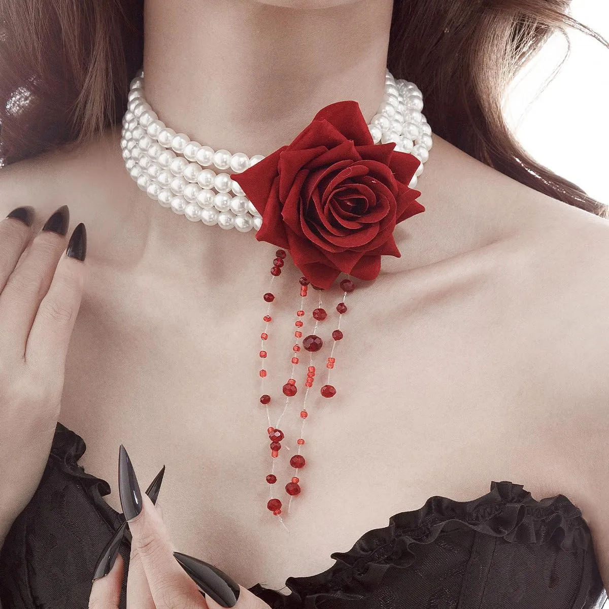 Gothic Blood Pearl Choker Necklace for Women Vintage Bleeding Rose Flower Necklace Adjustable Dripping Bloody Layered Pearls Necklaces Goth Vampire Blood Drip Necklaces Halloween Birthday Party Jewelry