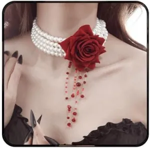 Gothic Blood Pearl Choker Necklace for Women Vintage Bleeding Rose Flower Necklace Adjustable Dripping Bloody Layered Pearls Necklaces Goth Vampire Blood Drip Necklaces Halloween Birthday Party Jewelry