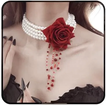 Gothic Blood Pearl Choker Necklace for Women Vintage Bleeding Rose Flower Necklace Adjustable Dripping Bloody Layered Pearls Necklaces Goth Vampire Blood Drip Necklaces Halloween Birthday Party Jewelry