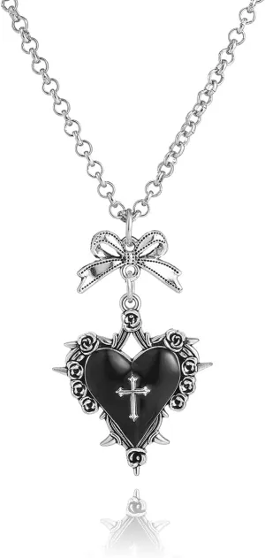 Gothic Bow Heart Pendant Necklace for Women Red Purple Heart Cross Necklace Dark Vampire Necklaces Vintage Punk Rock Style Necklace Heart Thorns Necklaces Halloween Jewelry Victoria NecklaceMystic Witch Jewelry Accessories
