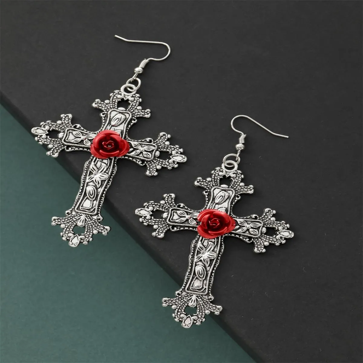 Gothic Cross Dangle Earrings,Red/Black/Purple Crystal Gemstone Cross Earrings Vintage Rose Cross Earrings Punk Style Cross Earrings Halloween Jewelry for Women