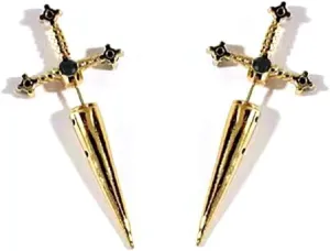 Gothic Unix Cross Sword Earrings Crystal Punk Knives Shape Cool Goth Dagger Screw Back Ear Jacket for Women Men Fake Gauge Illusion Jewelry
