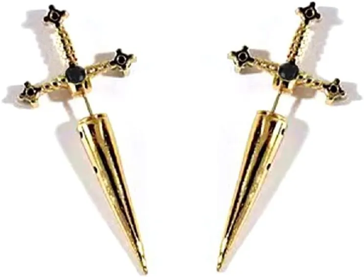 Gothic Unix Cross Sword Earrings Crystal Punk Knives Shape Cool Goth Dagger Screw Back Ear Jacket for Women Men Fake Gauge Illusion Jewelry