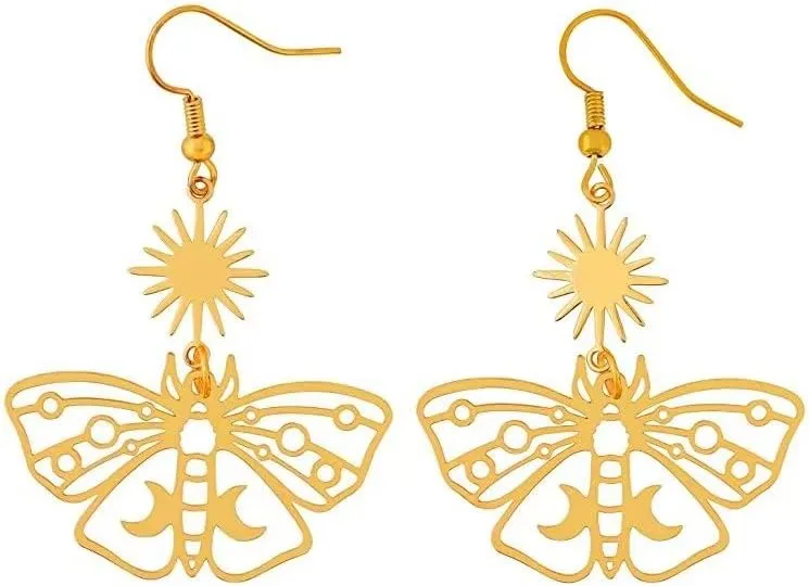 Gothic Vintage Butterfly Earrings, Sun and Moon Earrings for Women, Luna Moth Earrings, Long Dangle Crystal Earrings, Vintage Goth Jewelry