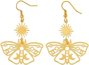 Gothic Vintage Butterfly Earrings, Sun and Moon Earrings for Women, Luna Moth Earrings, Long Dangle Crystal Earrings, Vintage Goth Jewelry