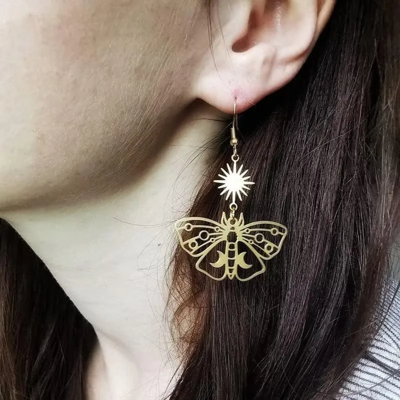Gothic Vintage Butterfly Earrings, Sun and Moon Earrings for Women, Luna Moth Earrings, Long Dangle Crystal Earrings, Vintage Goth Jewelry