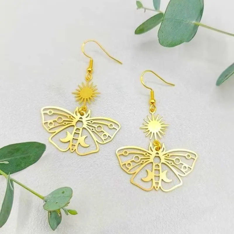 Gothic Vintage Butterfly Earrings, Sun and Moon Earrings for Women, Luna Moth Earrings, Long Dangle Crystal Earrings, Vintage Goth Jewelry