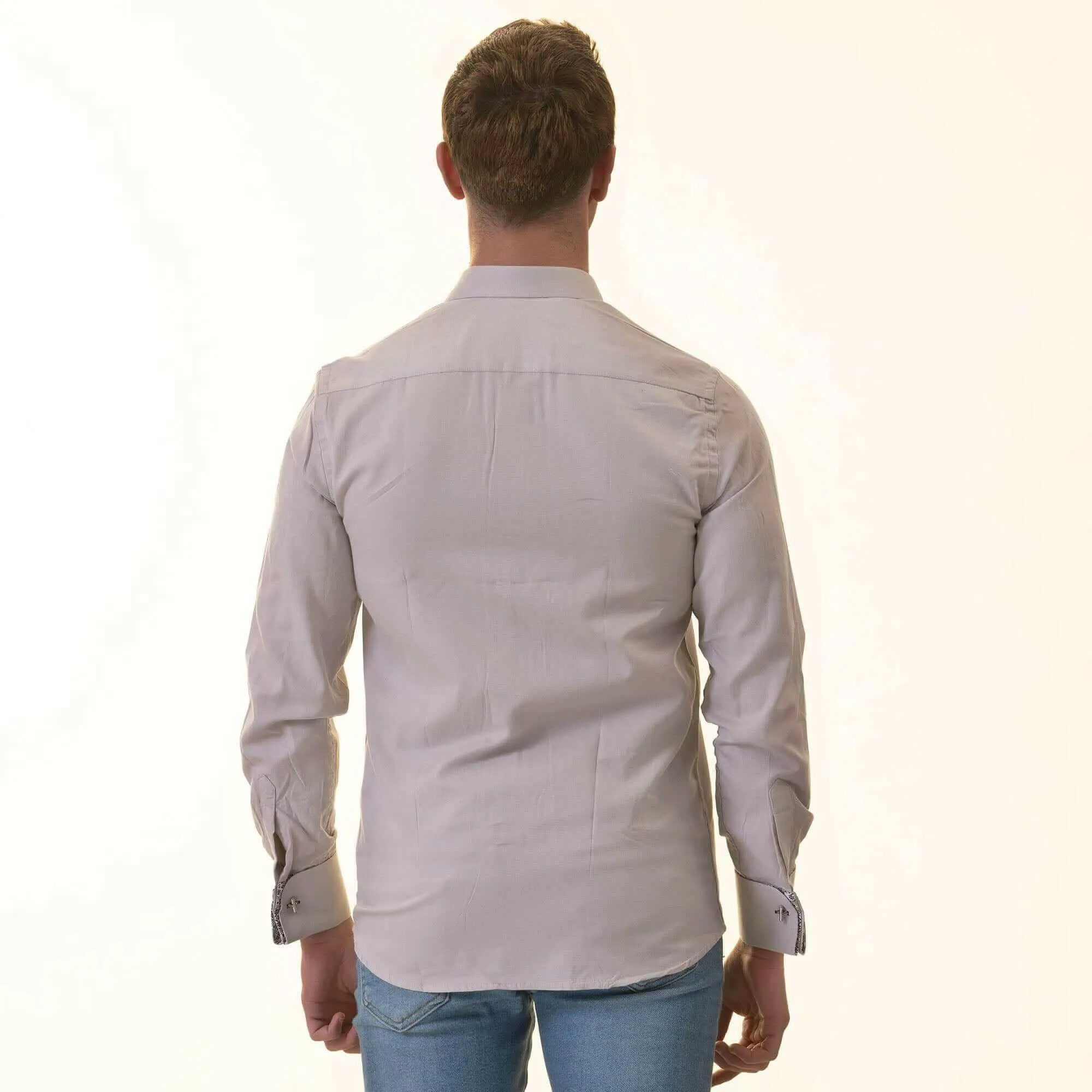 Gray with inside White Ptrined Double Cuff Shirt Mens Slim Fit